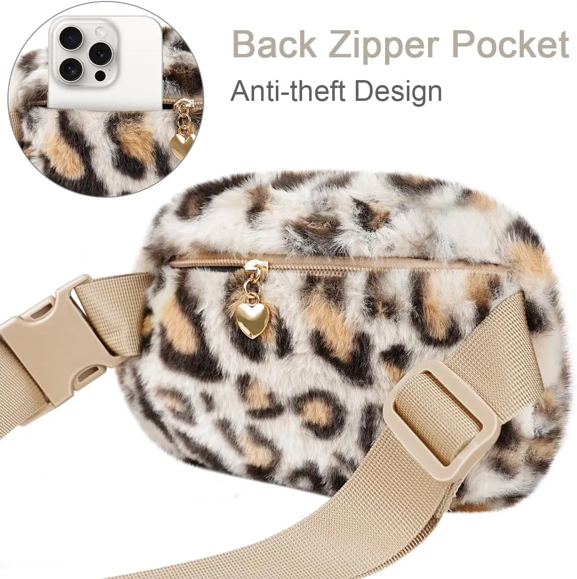 Fuzzy Belt Bag Waist Fanny Pack for Girls Cute Lovely Leopard Waist Packs Crossbody Bags for Women Trendy Teen Girl Kids Daughter Sister Her Preppy Girly Stuff Fuzzy Plush Waist Pack Bag, Cream