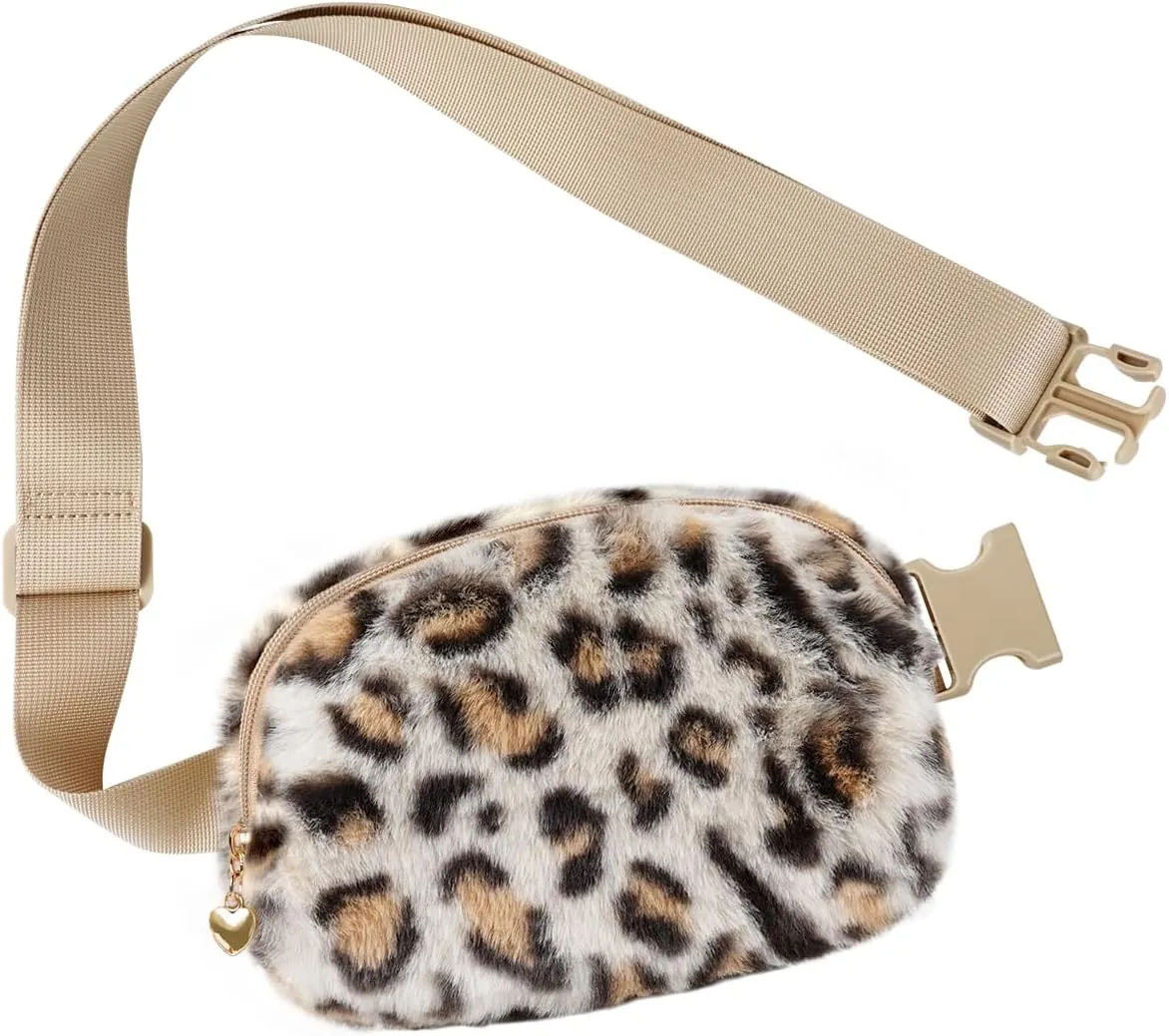 Fuzzy Belt Bag Waist Fanny Pack for Girls Cute Lovely Leopard Waist Packs Crossbody Bags for Women Trendy Teen Girl Kids Daughter Sister Her Preppy Girly Stuff Fuzzy Plush Waist Pack Bag, Cream