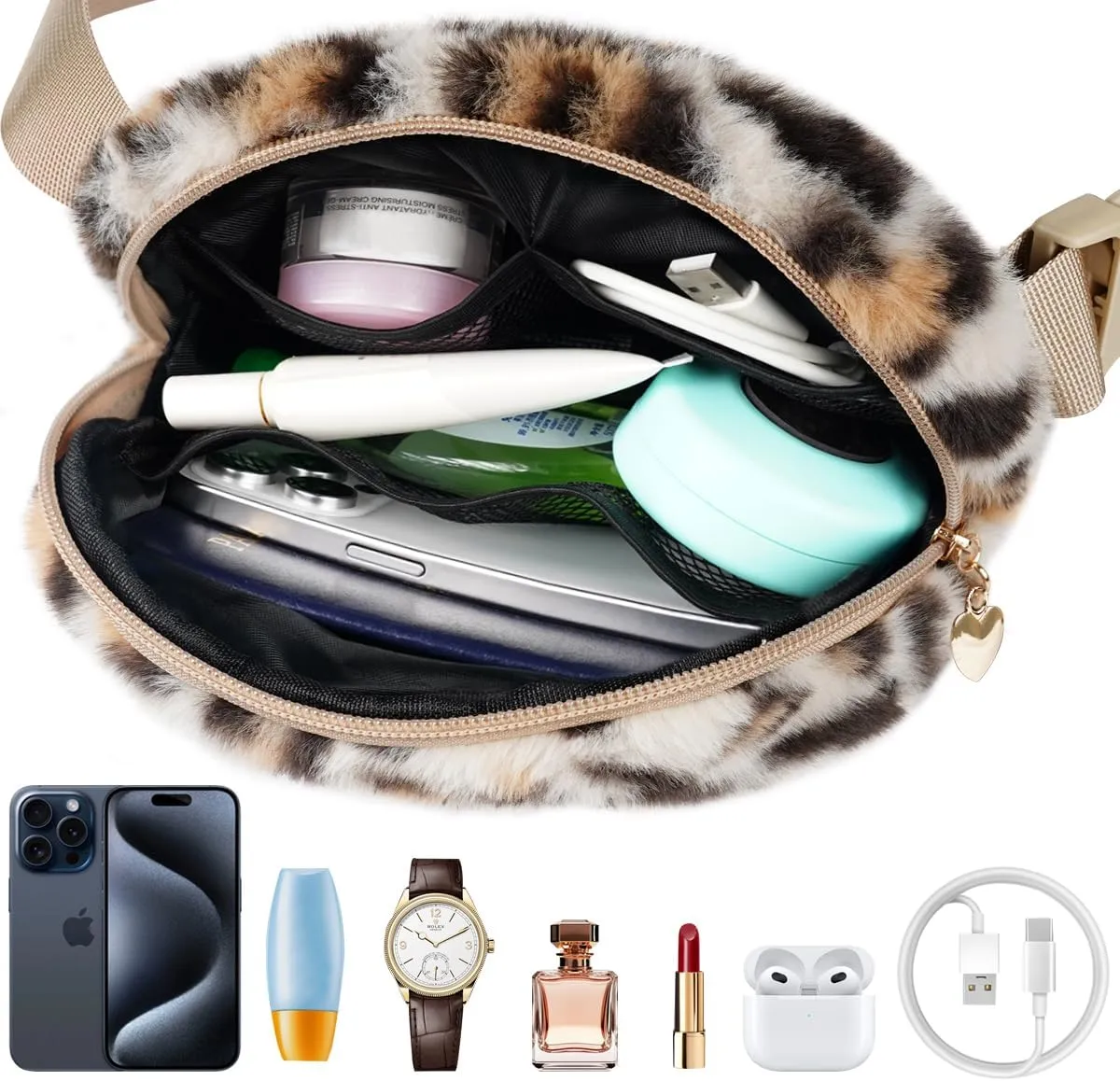 Fuzzy Belt Bag Waist Fanny Pack for Girls Cute Lovely Leopard Waist Packs Crossbody Bags for Women Trendy Teen Girl Kids Daughter Sister Her Preppy Girly Stuff Fuzzy Plush Waist Pack Bag, Cream