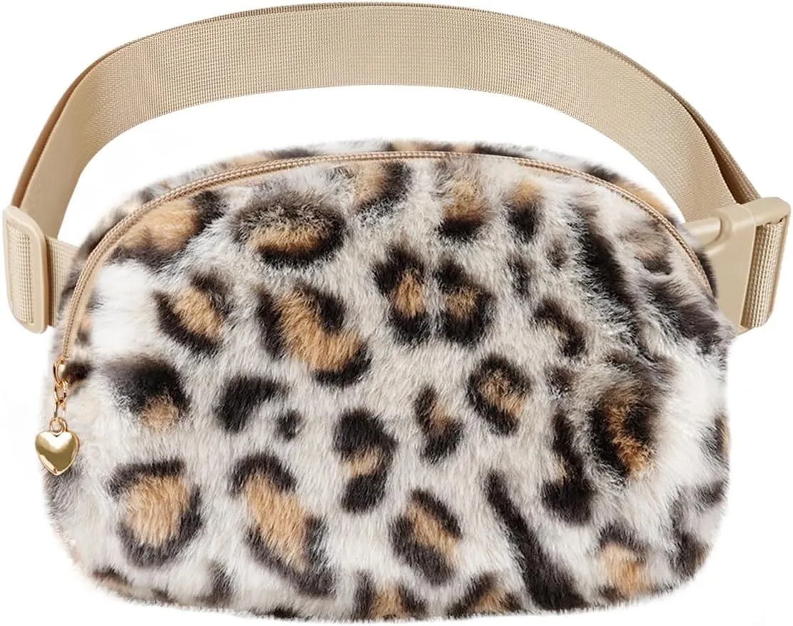 Fuzzy Belt Bag Waist Fanny Pack for Girls Cute Lovely Leopard Waist Packs Crossbody Bags for Women Trendy Teen Girl Kids Daughter Sister Her Preppy Girly Stuff Fuzzy Plush Waist Pack Bag, Cream
