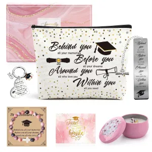 Girls 2025 Graduation Gift - Set of 6 College School Congratulation Graduates Pink Gifts Box Card Makeup Bags Bookmark Scented Candle Bracelet Keychain Present for Her Girl Daughter Students