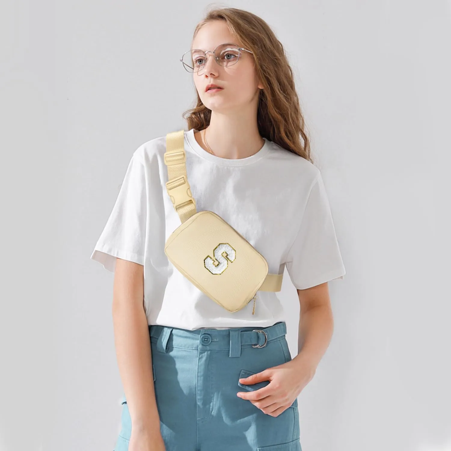 Gitus Birthday Gifts for 8 9 10 11 12 13 Year Old Girls Personalized Fanny Pack Crossbody Bags with Initial Letter Patch Belt Bag for Teen Girls Cute Trendy Stuff Travel Essentials (Beige-S)