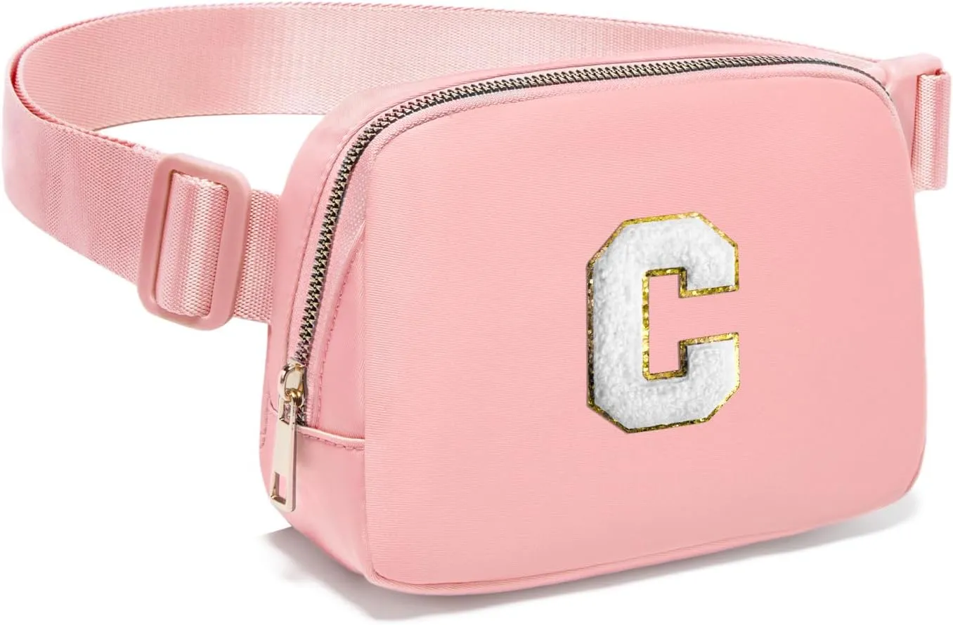 Gitus Birthday Gifts for 8 9 10 11 12 13 Year Old Girls Personalized Fanny Pack Crossbody Bags with Initial Letter Patch Belt Bag for Teen Girls Cute Trendy Stuff Travel Essentials (LightPink-C)