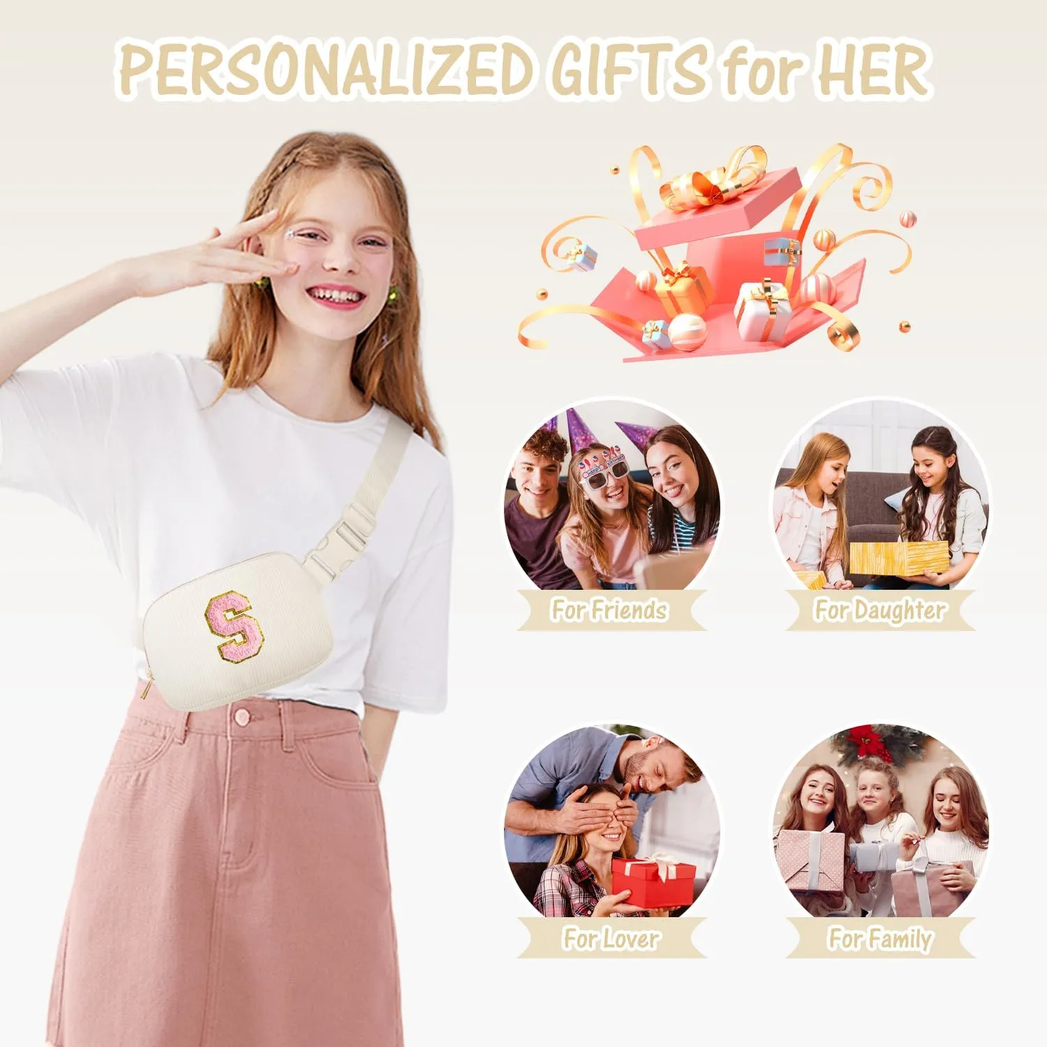 Gitus Gifts for Teen Girls 10-12 12-14 14-16 16-18 Birthday Gifts for Girls Women Sister Teacher Initial Belt Bag Fanny Pack Crossbody Bags for Teen Girl Gifts Trendy Stuff Travel Essentials (Ivory-S)