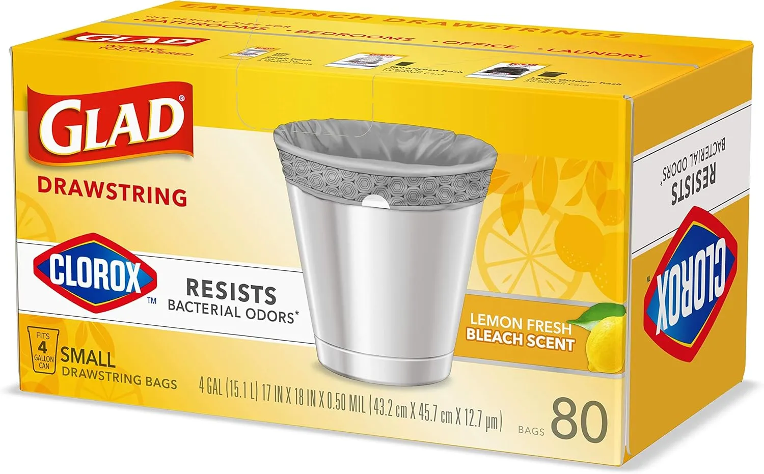 Glad Small Drawstring Trash Bags with Clorox, 4 Gal, Lemon Fresh Bleach, 80 Ct (Package May Vary)