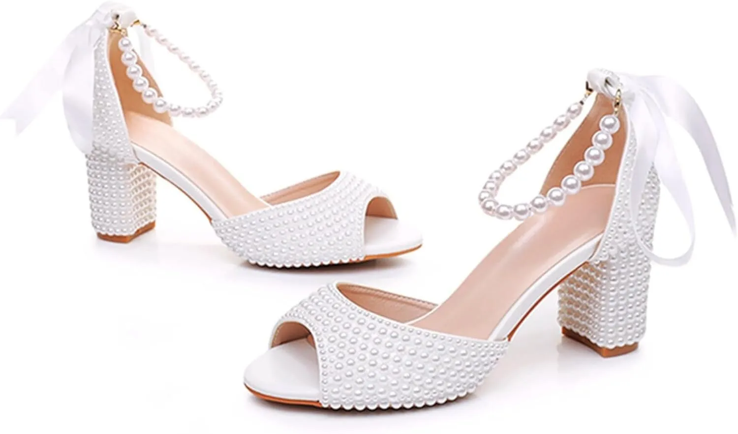 Goolita Full Pearl Heels For Women Block Buckle Ankle Strap Heeled Sandals Rhinestone Open Toe Evening Bridal Shoes For Wedding