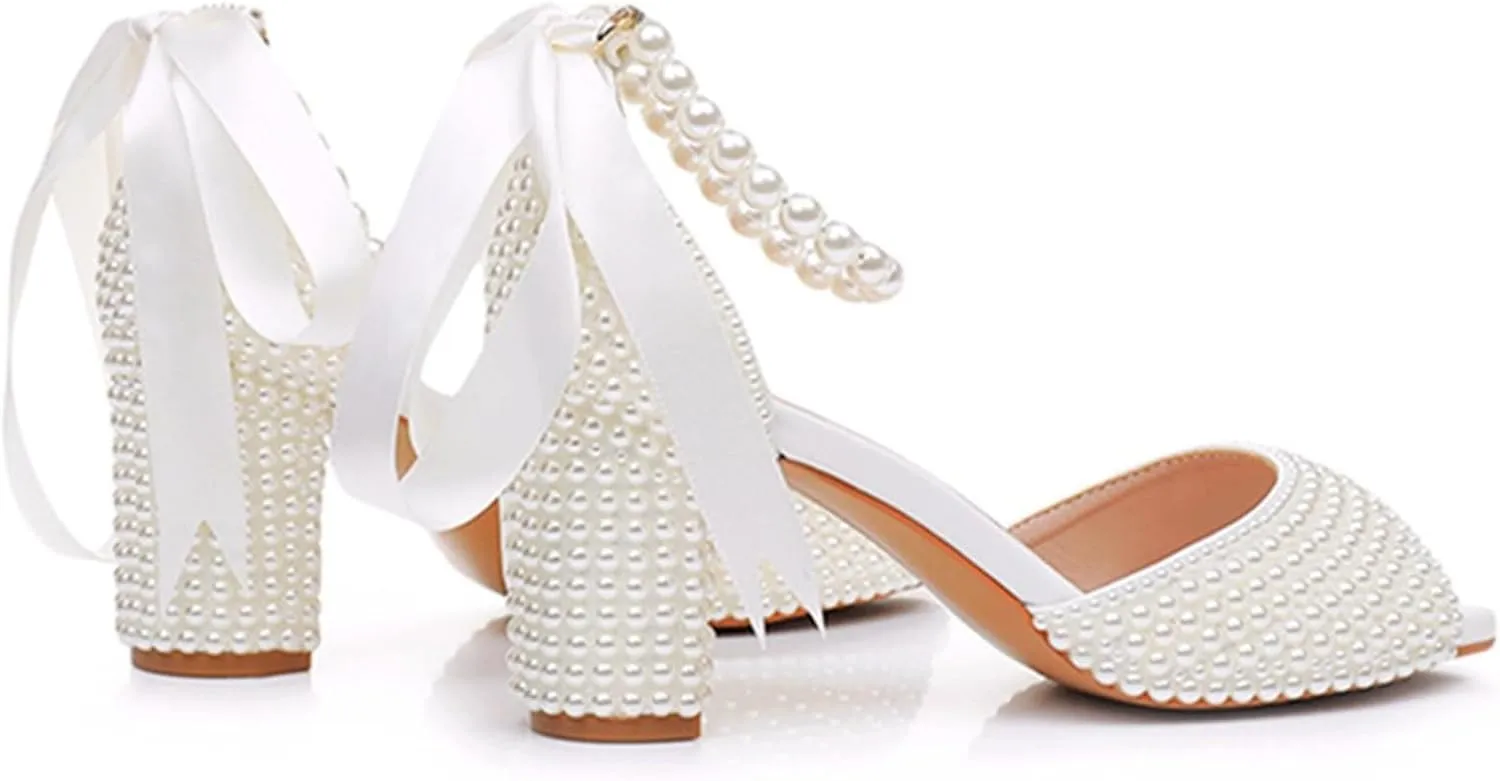 Goolita Full Pearl Heels For Women Block Buckle Ankle Strap Heeled Sandals Rhinestone Open Toe Evening Bridal Shoes For Wedding