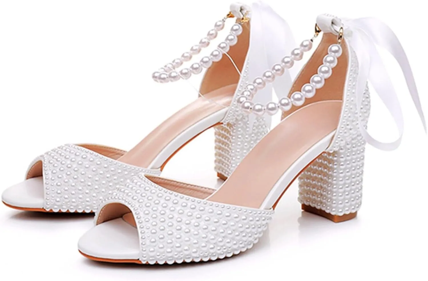 Goolita Full Pearl Heels For Women Block Buckle Ankle Strap Heeled Sandals Rhinestone Open Toe Evening Bridal Shoes For Wedding