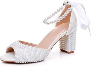 Goolita Full Pearl Heels For Women Block Buckle Ankle Strap Heeled Sandals Rhinestone Open Toe Evening Bridal Shoes For Wedding