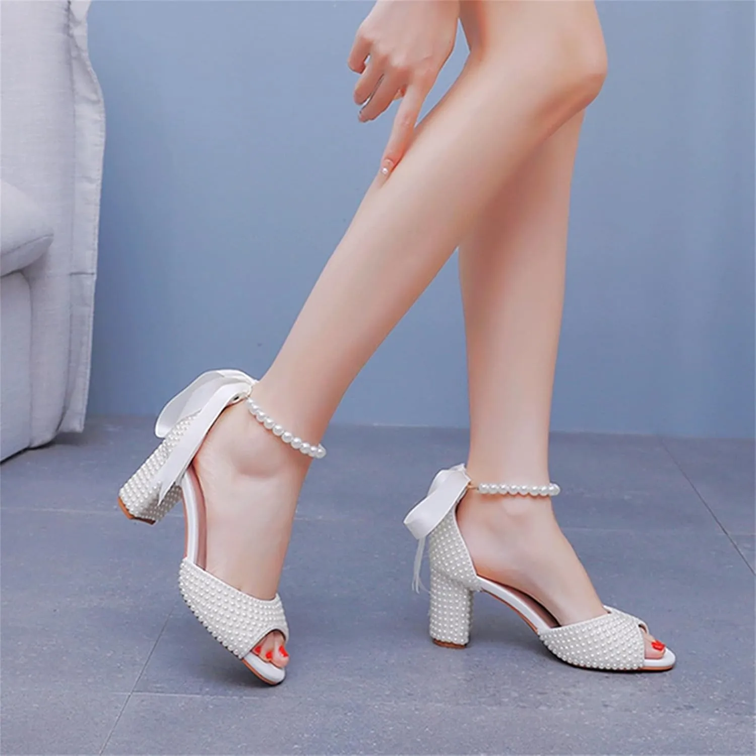 Goolita Full Pearl Heels For Women Block Buckle Ankle Strap Heeled Sandals Rhinestone Open Toe Evening Bridal Shoes For Wedding