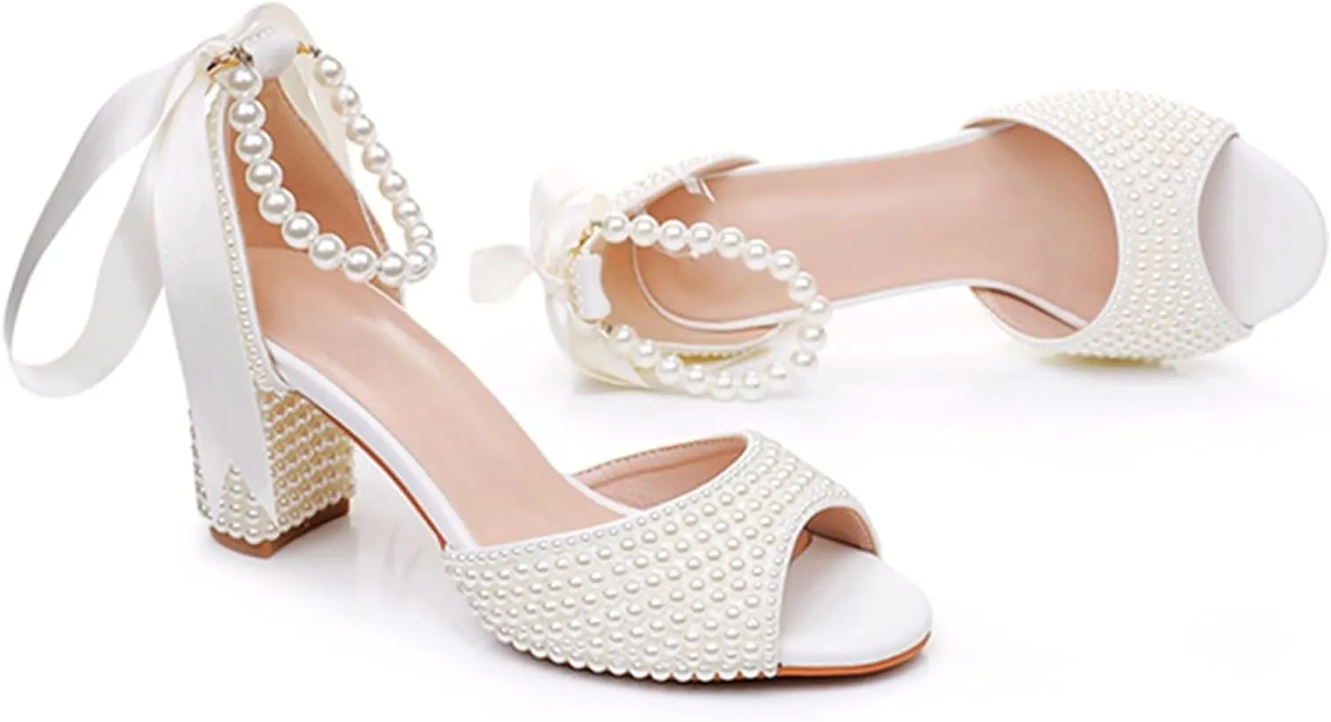Goolita Full Pearl Heels For Women Block Buckle Ankle Strap Heeled Sandals Rhinestone Open Toe Evening Bridal Shoes For Wedding