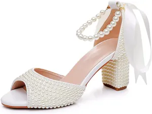 Goolita Full Pearl Heels For Women Block Buckle Ankle Strap Heeled Sandals Rhinestone Open Toe Evening Bridal Shoes For Wedding
