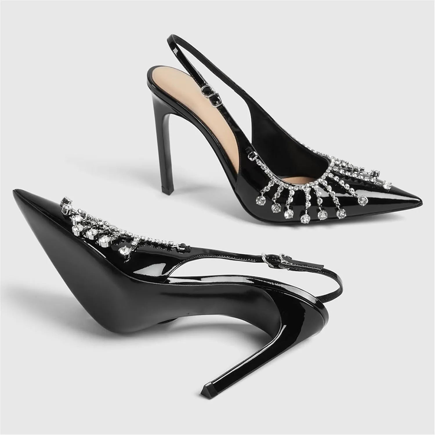 Goolita Sparkly Rhinestone Slingback Heels for Women, Closed Pointed Toe Sexy Stiletto High Heels Buckle Party Pumps Shoes