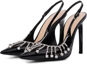 Goolita Sparkly Rhinestone Slingback Heels for Women, Closed Pointed Toe Sexy Stiletto High Heels Buckle Party Pumps Shoes
