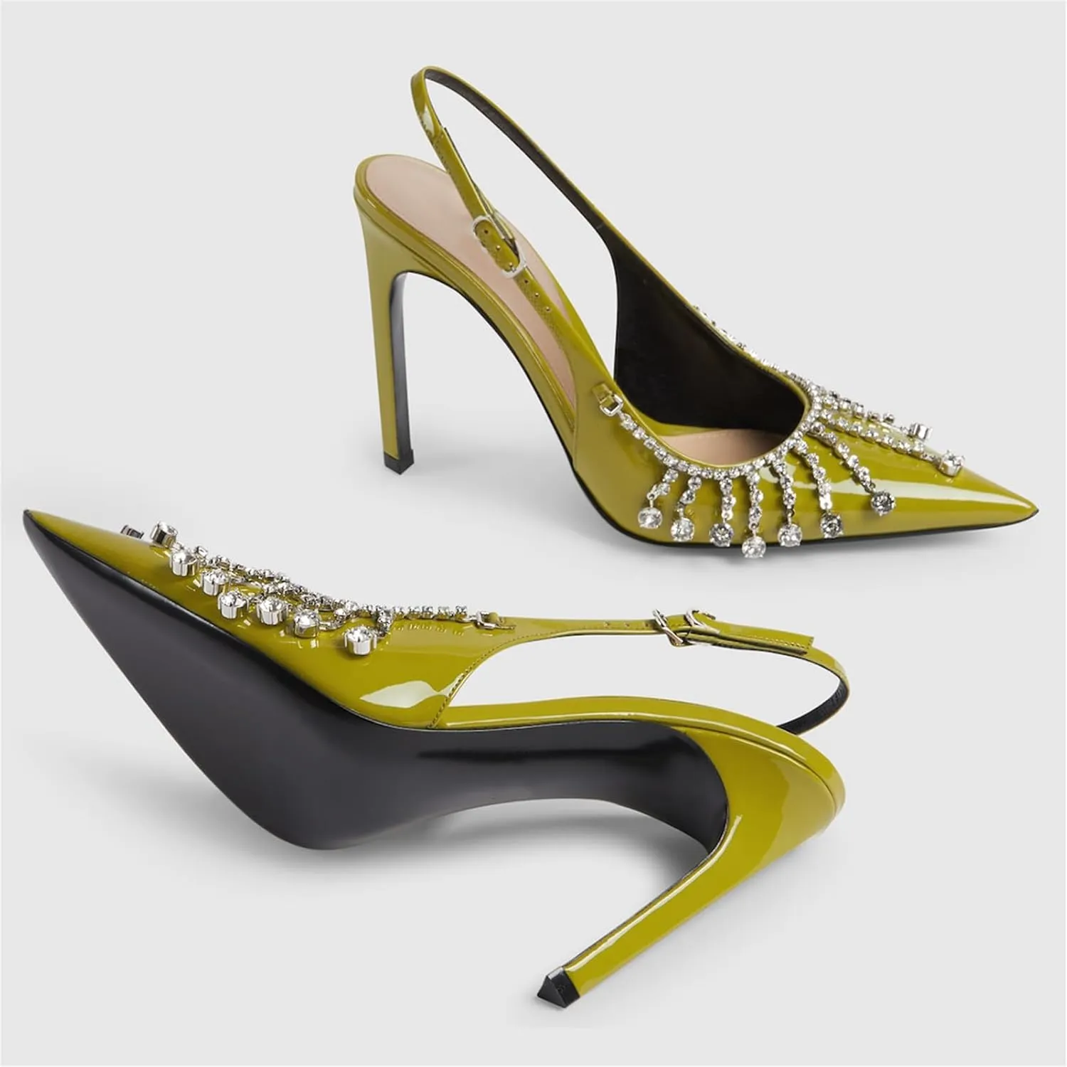 Goolita Sparkly Rhinestone Slingback Heels for Women, Closed Pointed Toe Sexy Stiletto High Heels Buckle Party Pumps Shoes