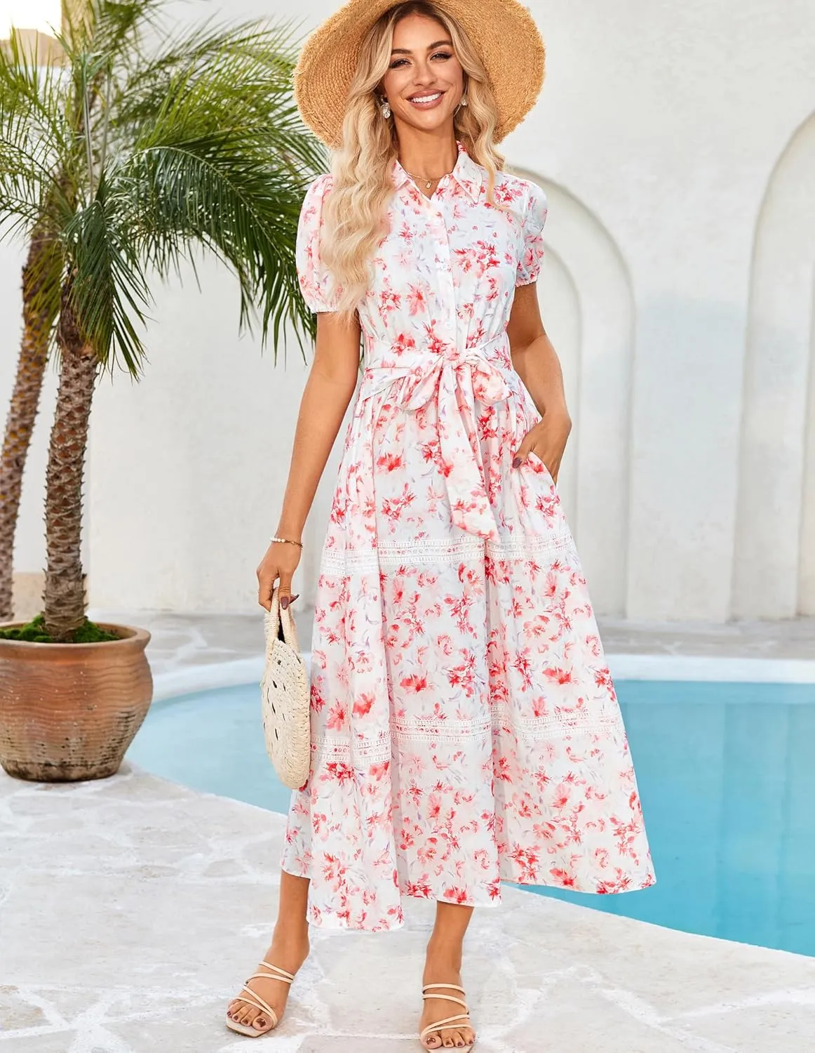 GRACE KARIN Women's 2025 Summer Floral Flowy Dresses Boho Tie Belt Short Puff Sleeve A Line Maxi Shirt Dress with Pocket