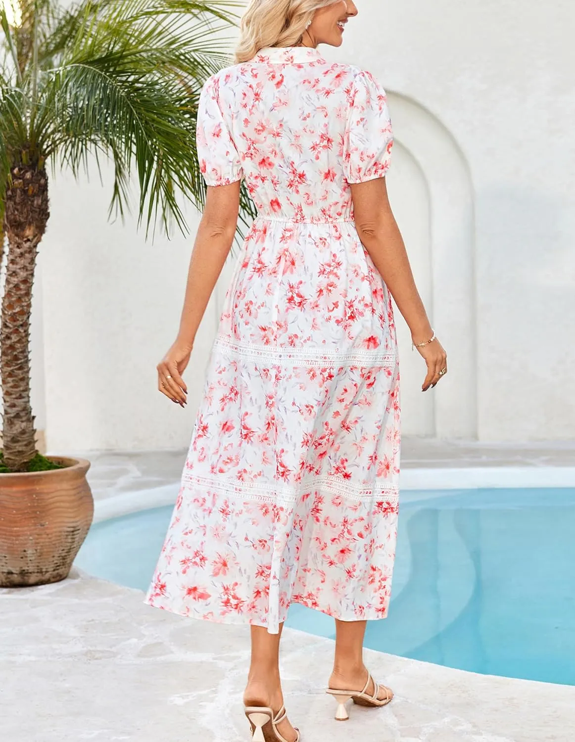 GRACE KARIN Women's 2025 Summer Floral Flowy Dresses Boho Tie Belt Short Puff Sleeve A Line Maxi Shirt Dress with Pocket