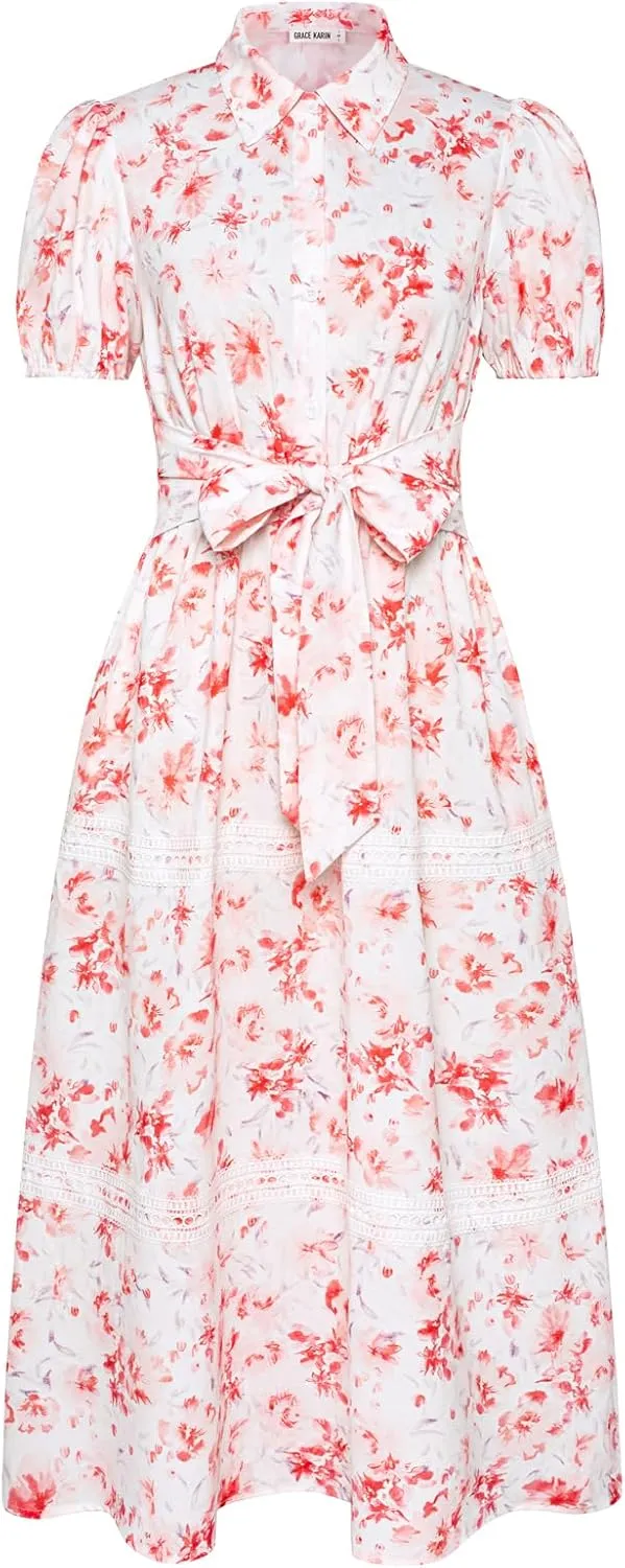 GRACE KARIN Women's 2025 Summer Floral Flowy Dresses Boho Tie Belt Short Puff Sleeve A Line Maxi Shirt Dress with Pocket