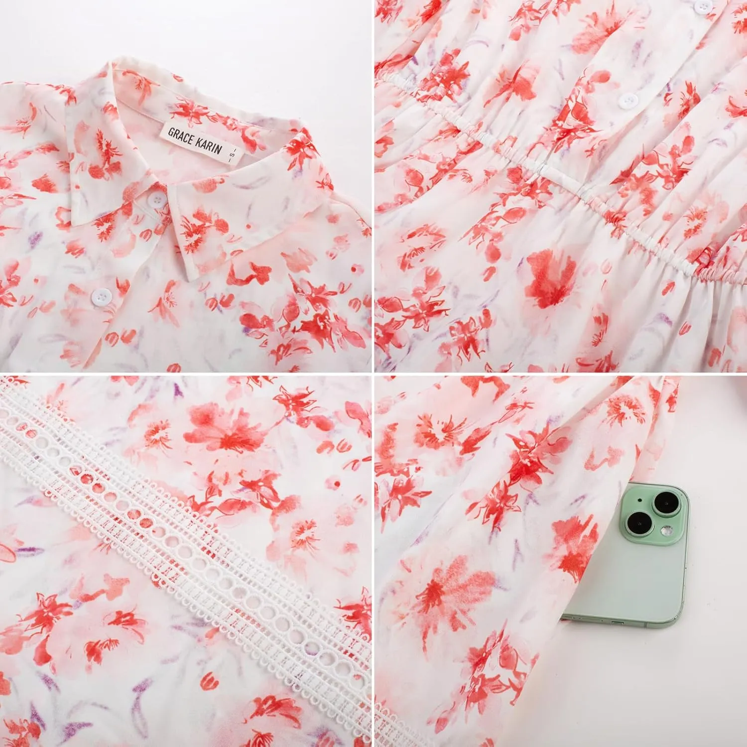 GRACE KARIN Women's 2025 Summer Floral Flowy Dresses Boho Tie Belt Short Puff Sleeve A Line Maxi Shirt Dress with Pocket
