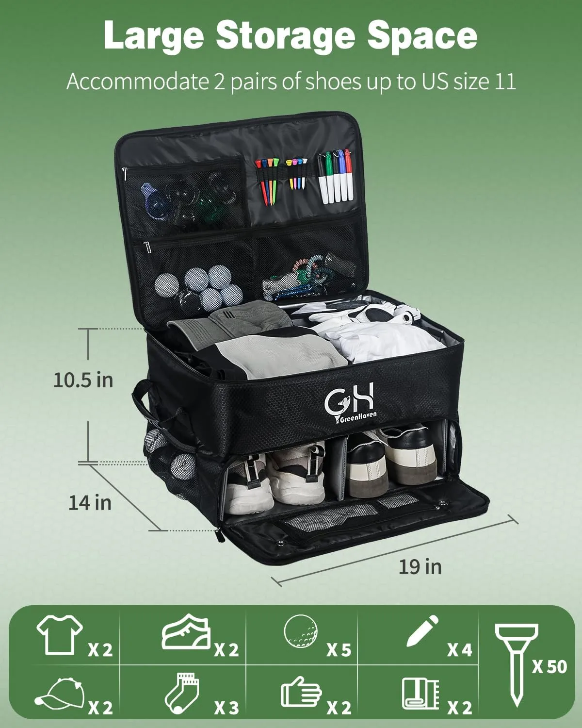 GreenHaven Golf Trunk Organizer - Waterproof Car Shoes Bag With Separate Ventilated Compartments, Large Storage Box for Balls, Tees, Clothes, Gloves, Accessories - Gift for Father