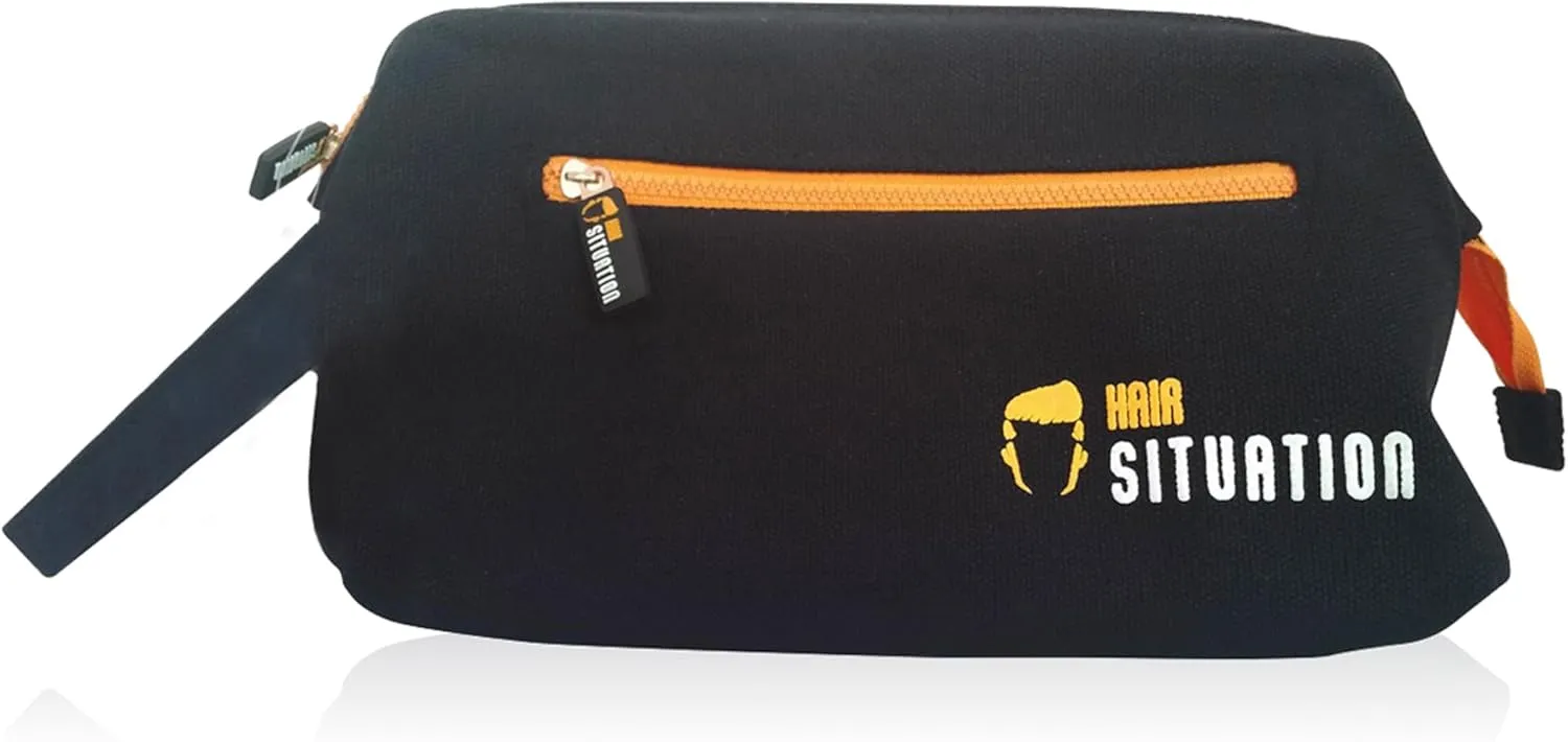 Hair Situation Men Toiletry Bag, Large Lightweight Traveling Case Organizer, Shaving Bag, Dopp Kit Water-resistant for Toiletries Accessories with Extendable Wire Frame to Stay Open, 2 Pockets, Black