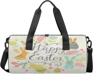 Happy Easter Travel Duffel Bag Cartoon Hare Flower Sports Gym Bag Men Women Sports Travel Luggage Bag 17.6”×9”×9 “ Duffel Bag Weekend Overnight Gym Bag Nvenient For Carrying