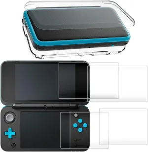 Hard Case Compatible New 2DS XL with 2 Packs Screen Protector, AFUNTA Anti-Scratch Crystal Clear Case, with 4 Pcs Tempered Glass Protective Films for Top and Bottom Screen