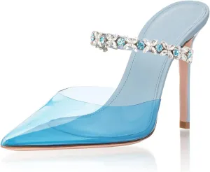 Heeled Mules Gem-Crystal Chain Embellished Strap High Stiletto Heels Sandals