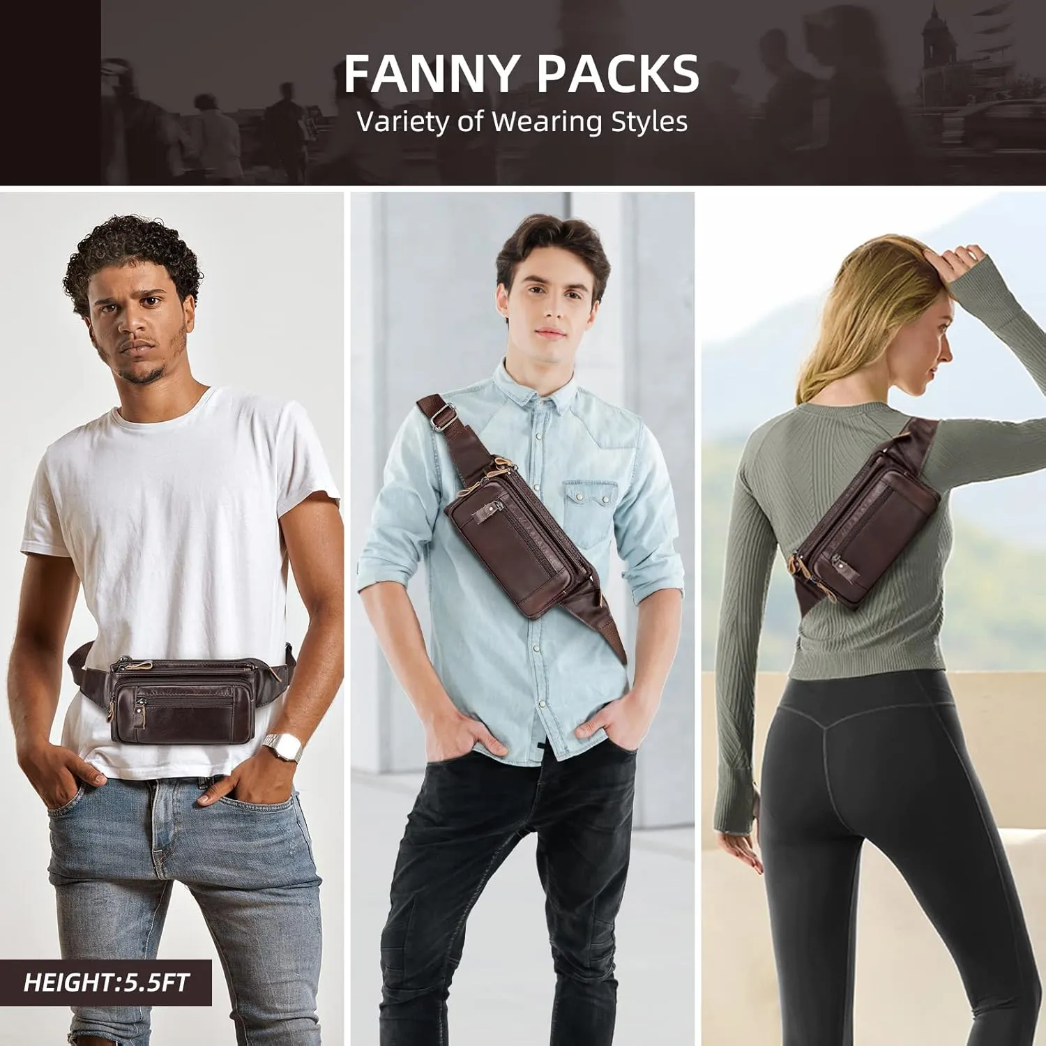 HUMERPAUL Leather Fanny Pack for Men Women, Fashion Waist Packs Small Crossbody Chest Bag with Adjustable Belt for Outdoor Travel Hiking Cycling