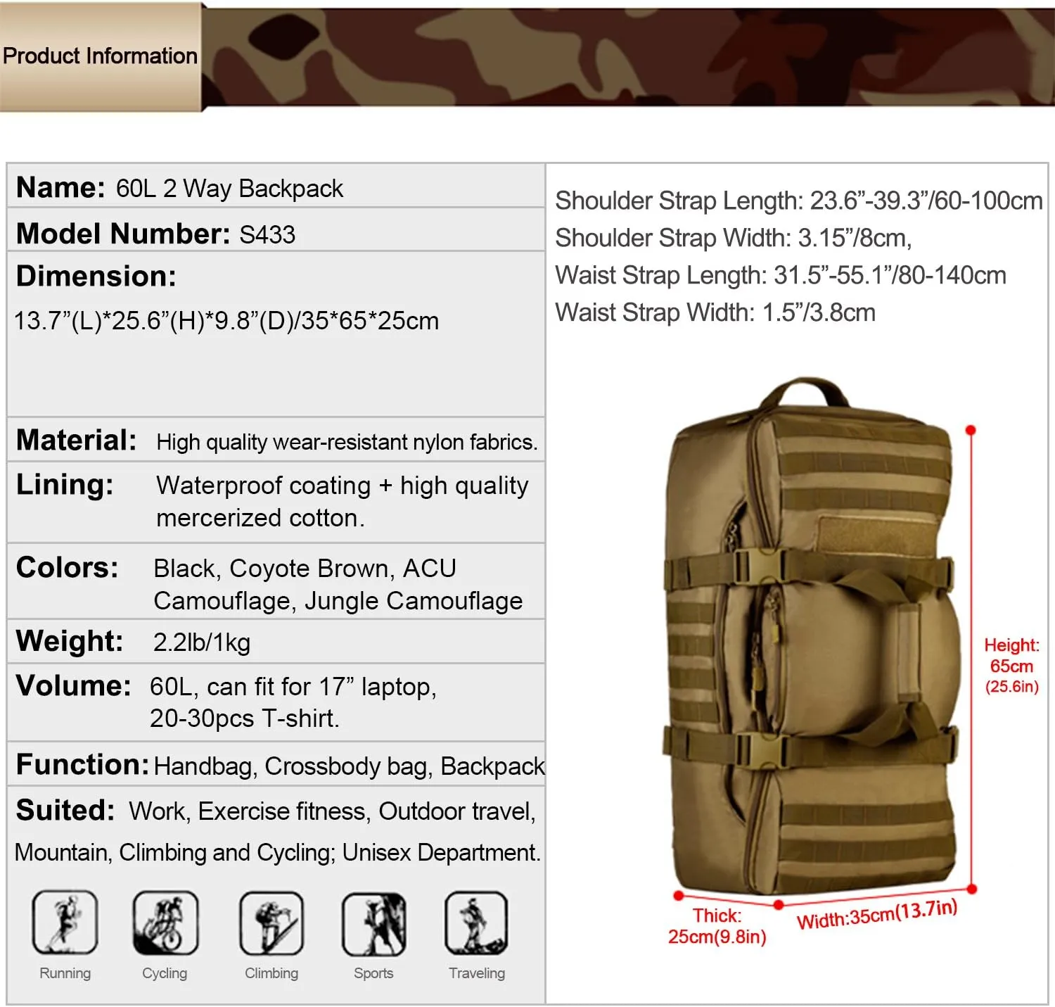 HUNTVP 60L Tactical Military Backpack Gear Sport Outdoor Assault Pack Rucksack Bag For Hunting Camping Trekking Travel