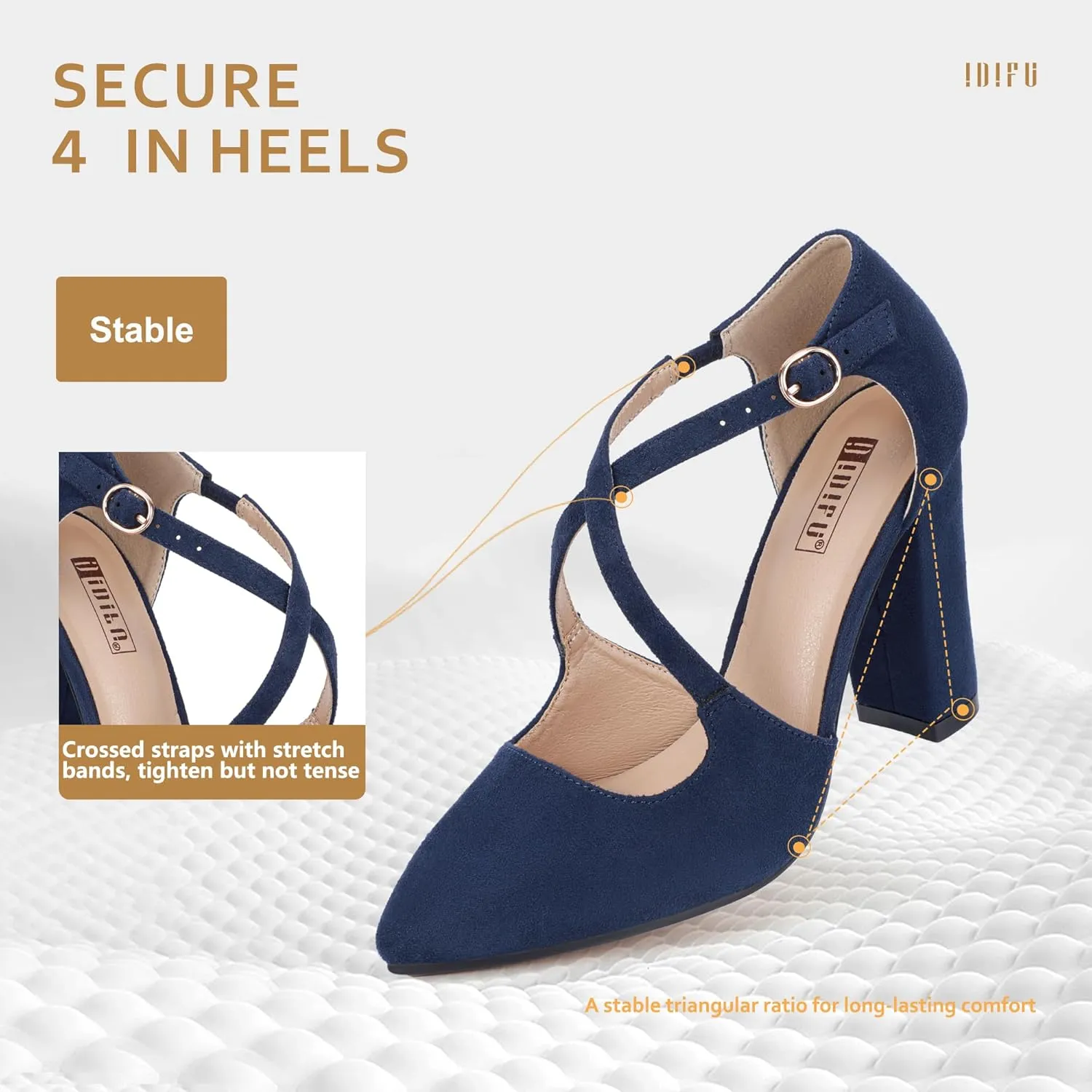 IDIFU Women's IN4 Chunky High Heels Pumps Closed Toe Block Strappy Heels Pointed Toe Dress Shoes for Women Prom Wedding Party Office Work Formal
