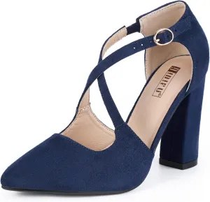 IDIFU Women's IN4 Chunky High Heels Pumps Closed Toe Block Strappy Heels Pointed Toe Dress Shoes for Women Prom Wedding Party Office Work Formal
