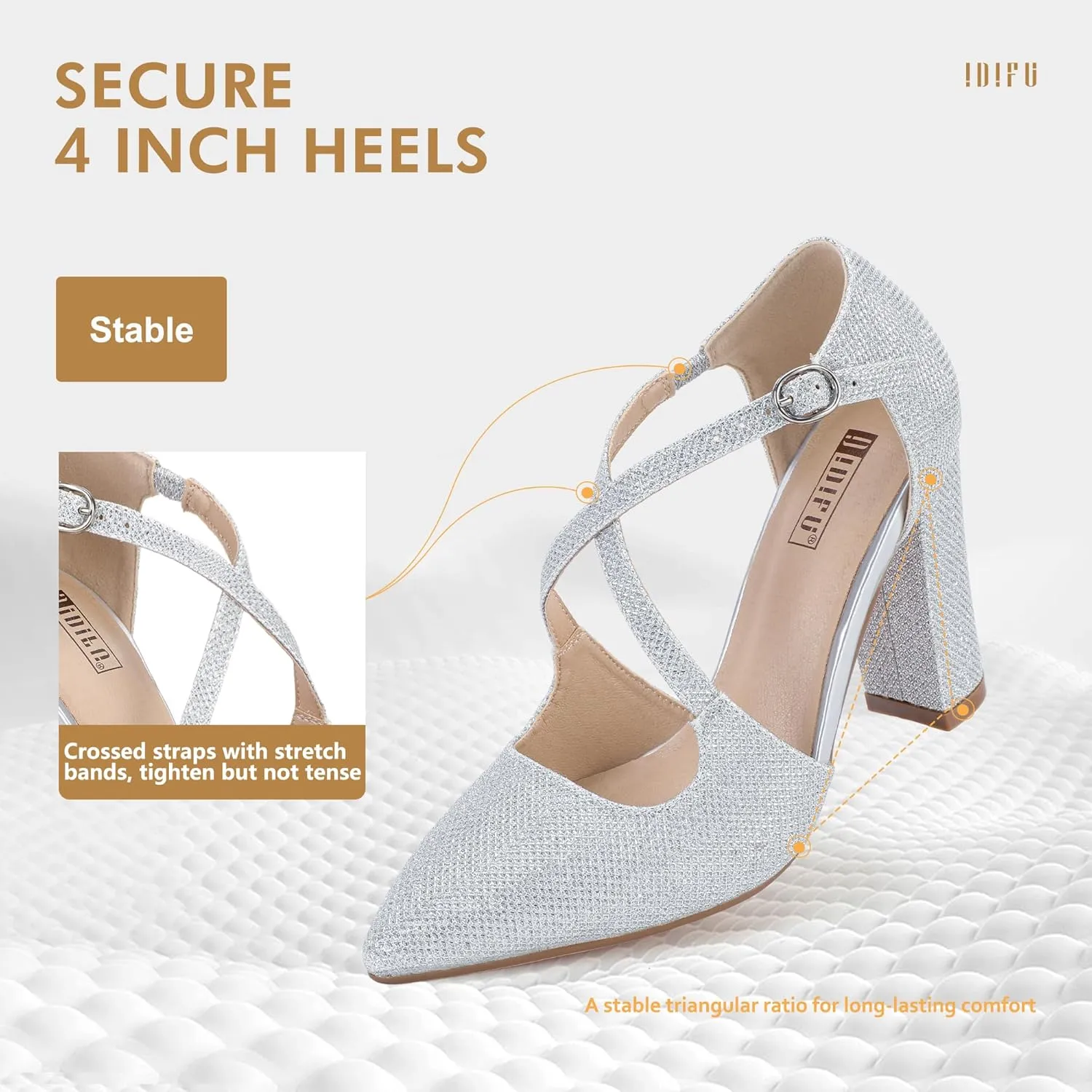 IDIFU Women's IN4 Chunky High Heels Pumps Closed Toe Block Strappy Heels Pointed Toe Dress Shoes for Women Prom Wedding Party Office Work Formal