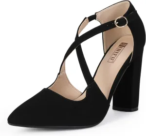 IDIFU Women's IN4 Chunky High Heels Pumps Closed Toe Block Strappy Heels Pointed Toe Dress Shoes for Women Prom Wedding Party Office Work Formal