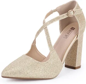 IDIFU Women's IN4 Chunky High Heels Pumps Closed Toe Block Strappy Heels Pointed Toe Dress Shoes for Women Prom Wedding Party Office Work Formal