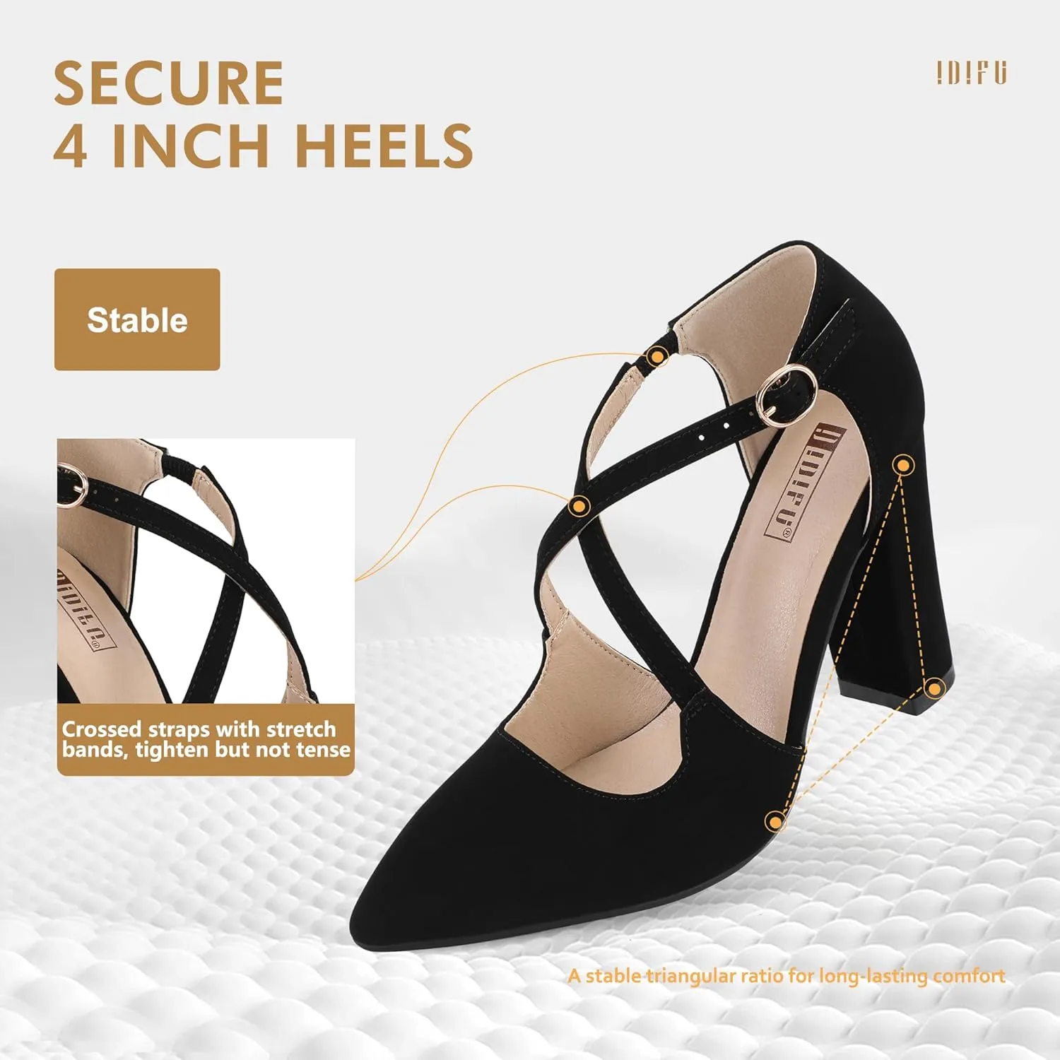 IDIFU Women's IN4 Chunky High Heels Pumps Closed Toe Block Strappy Heels Pointed Toe Dress Shoes for Women Prom Wedding Party Office Work Formal