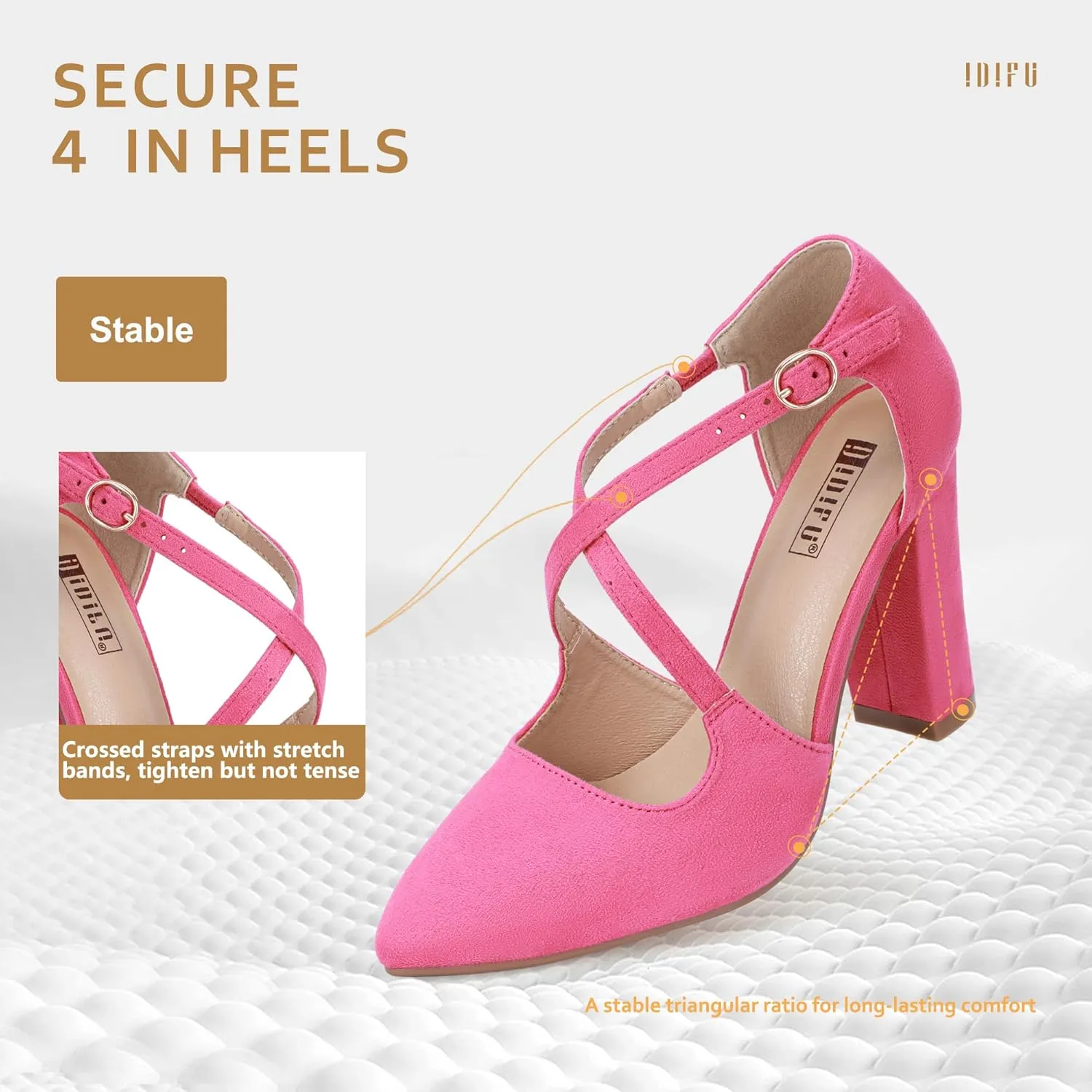 IDIFU Women's IN4 Chunky High Heels Pumps Closed Toe Block Strappy Heels Pointed Toe Dress Shoes for Women Prom Wedding Party Office Work Formal