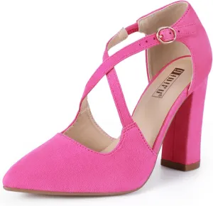 IDIFU Women's IN4 Chunky High Heels Pumps Closed Toe Block Strappy Heels Pointed Toe Dress Shoes for Women Prom Wedding Party Office Work Formal