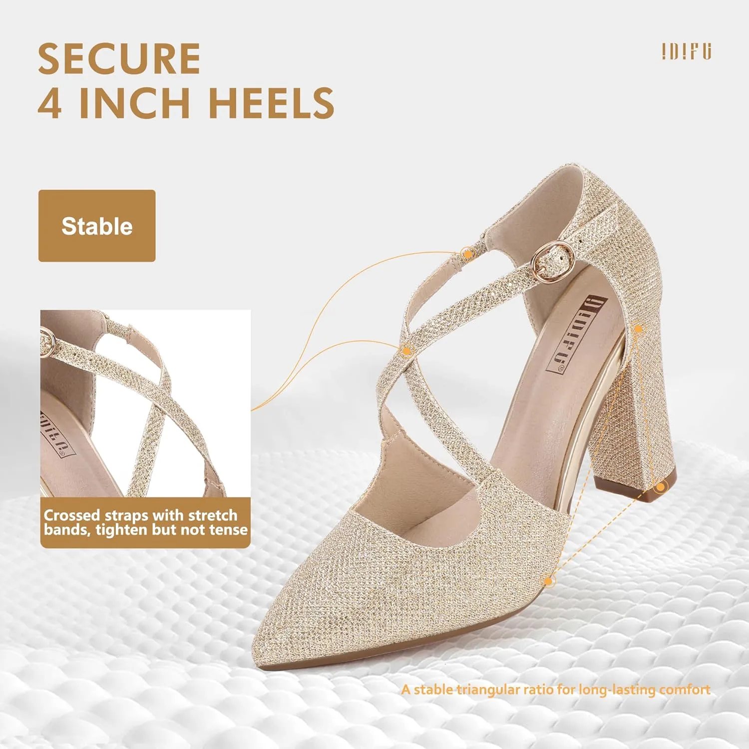 IDIFU Women's IN4 Chunky High Heels Pumps Closed Toe Block Strappy Heels Pointed Toe Dress Shoes for Women Prom Wedding Party Office Work Formal