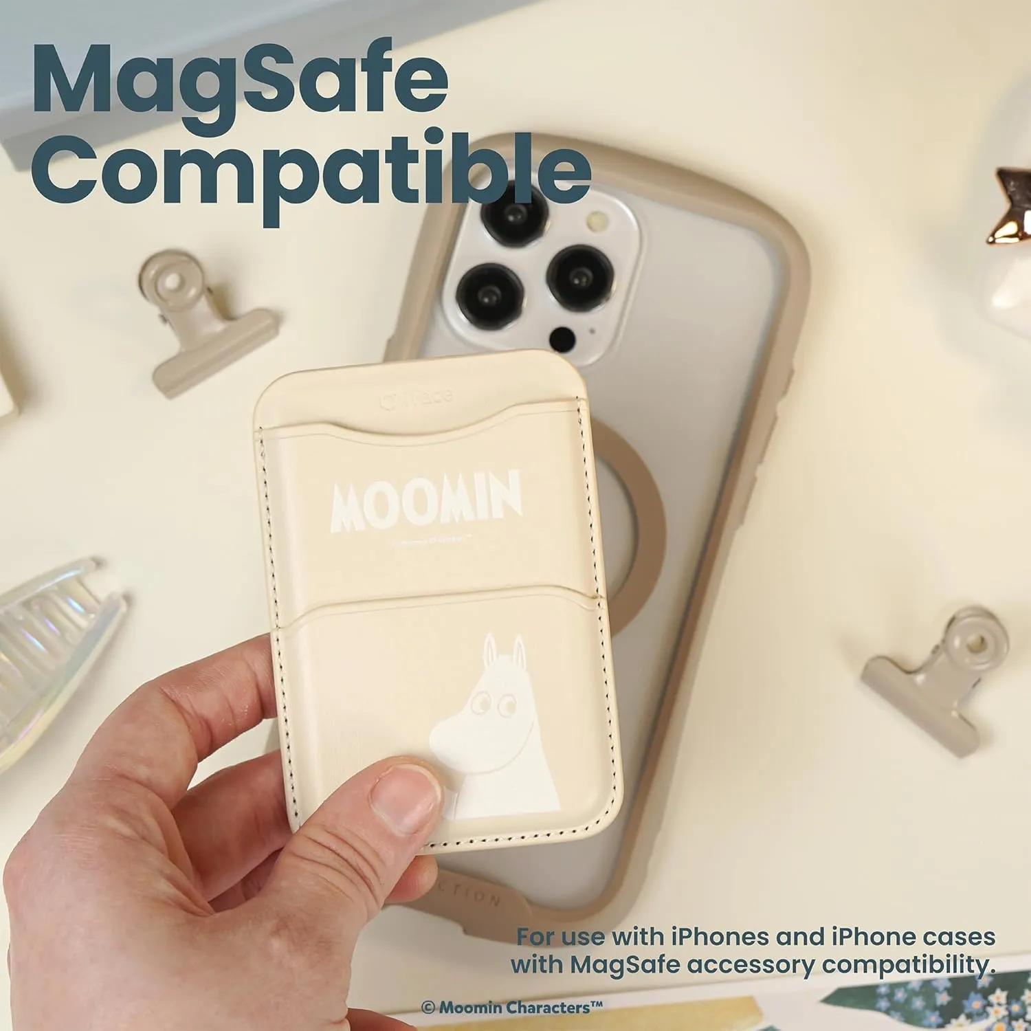 iFace Moomin MagSynq Card Wallet Compatible with MagSafe [Card Case, Slim Wallet, 2 Card Storage, Vegan Leather, Built-in Magnetic and Fraud Prevention Magnet, Mini Extra Pocket] - Moomintroll/Beige