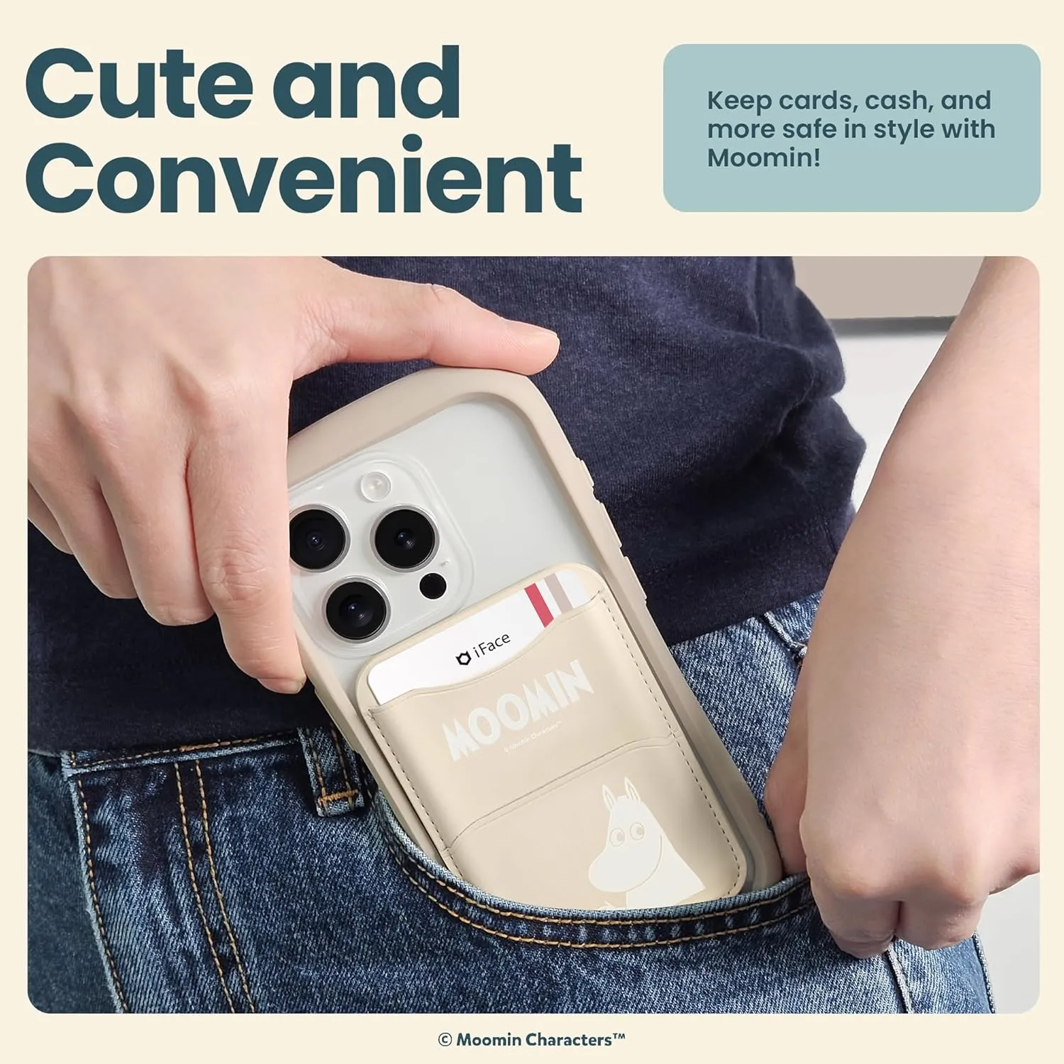 iFace Moomin MagSynq Card Wallet Compatible with MagSafe [Card Case, Slim Wallet, 2 Card Storage, Vegan Leather, Built-in Magnetic and Fraud Prevention Magnet, Mini Extra Pocket] - Moomintroll/Beige