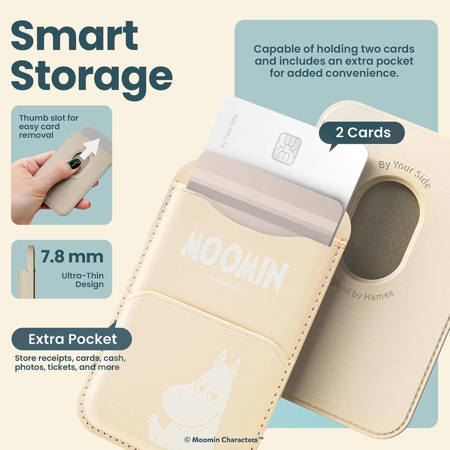 iFace Moomin MagSynq Card Wallet Compatible with MagSafe [Card Case, Slim Wallet, 2 Card Storage, Vegan Leather, Built-in Magnetic and Fraud Prevention Magnet, Mini Extra Pocket] - Moomintroll/Beige
