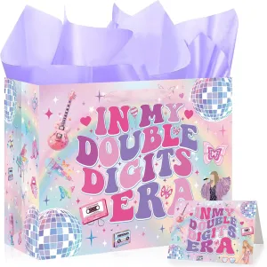 INCOK Large 10th Birthday Gift Bag, In My Double Digits Era Party Favors Bags with Tissue Paper and Greeting Cards, Music Merch Gifts for Girls 10th Birthday Party Decorations, 11.81x9.45x5.31inch