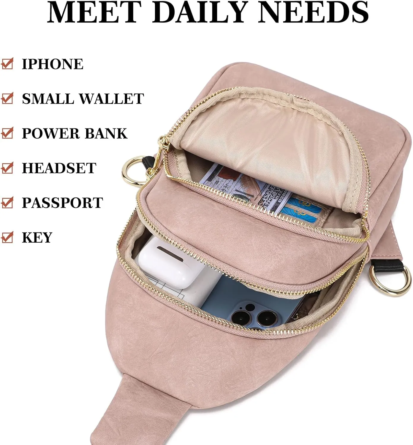 INICAT Crossbody Sling Bags Fanny Packs Leather Purses Chest Bag for Women