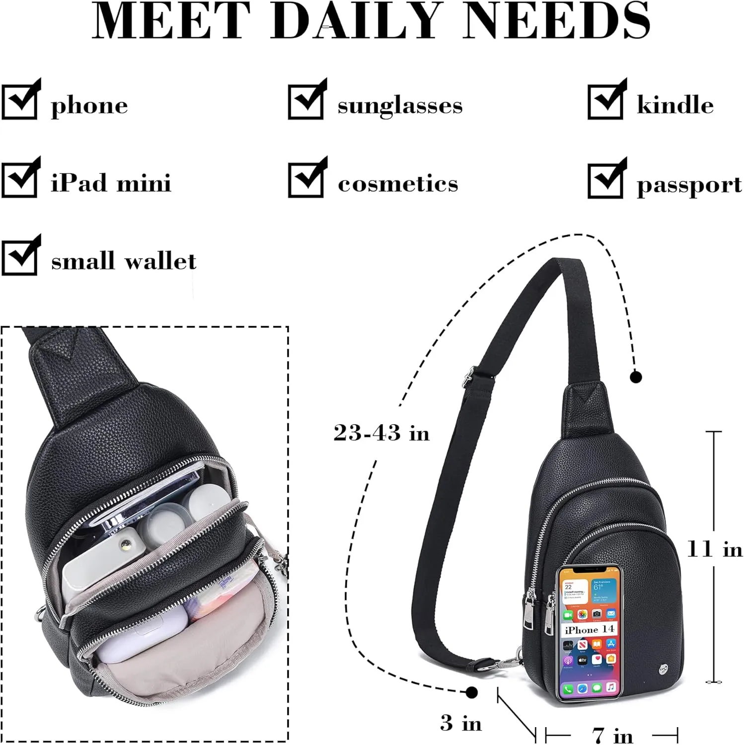 INICAT Crossbody Sling Bags Fanny Packs Leather Purses Chest Bag for Women