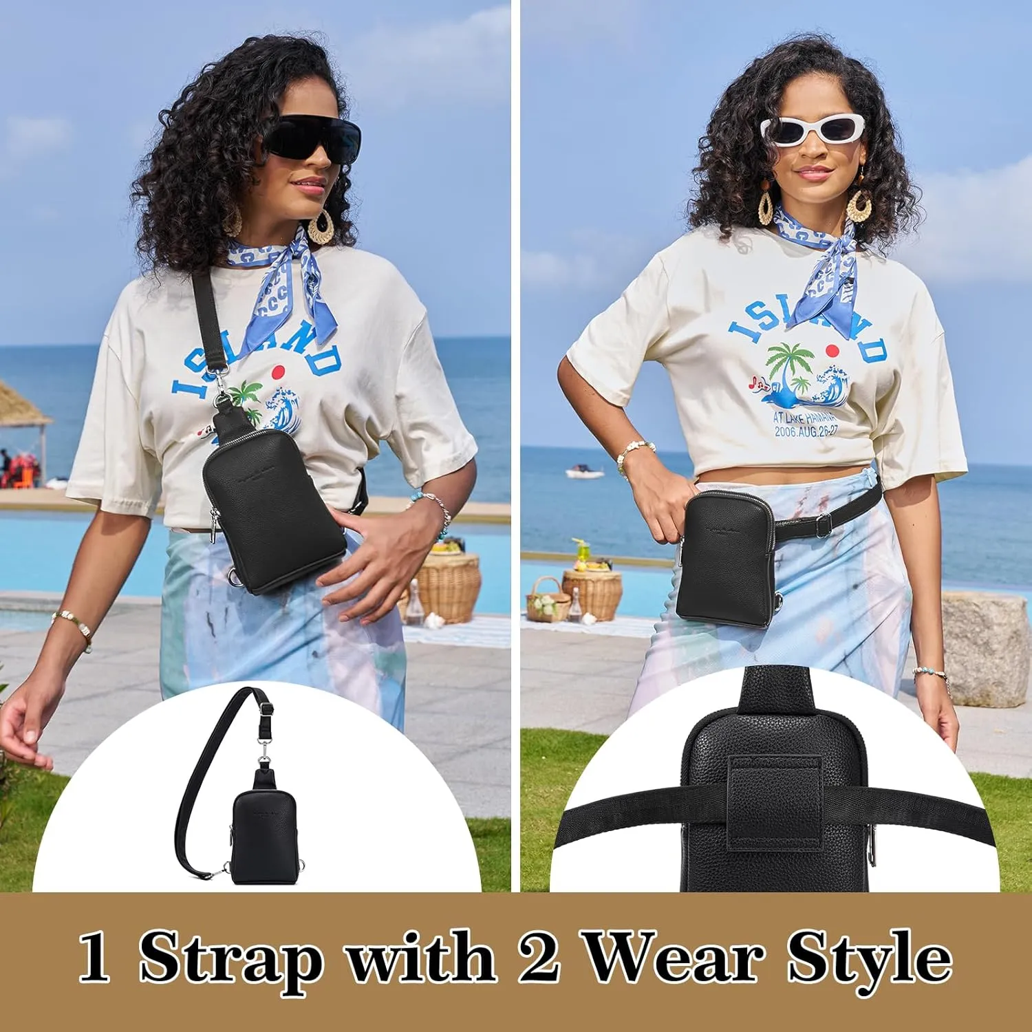 INICAT Sling Bag for Women Small Crossbody Bags Leather Fanny Pack for Travel Essentials(Black LW)