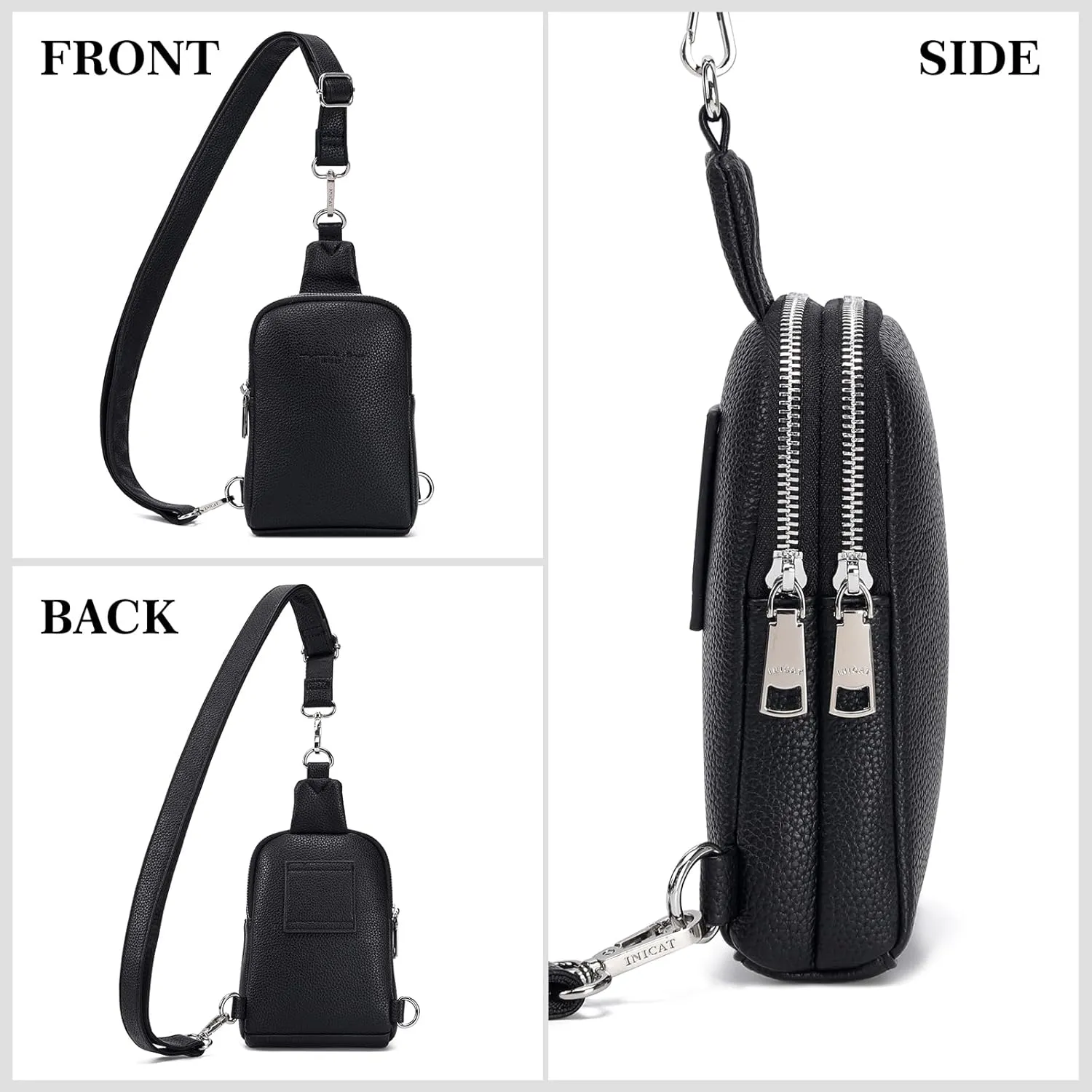 INICAT Sling Bag for Women Small Crossbody Bags Leather Fanny Pack for Travel Essentials(Black LW)