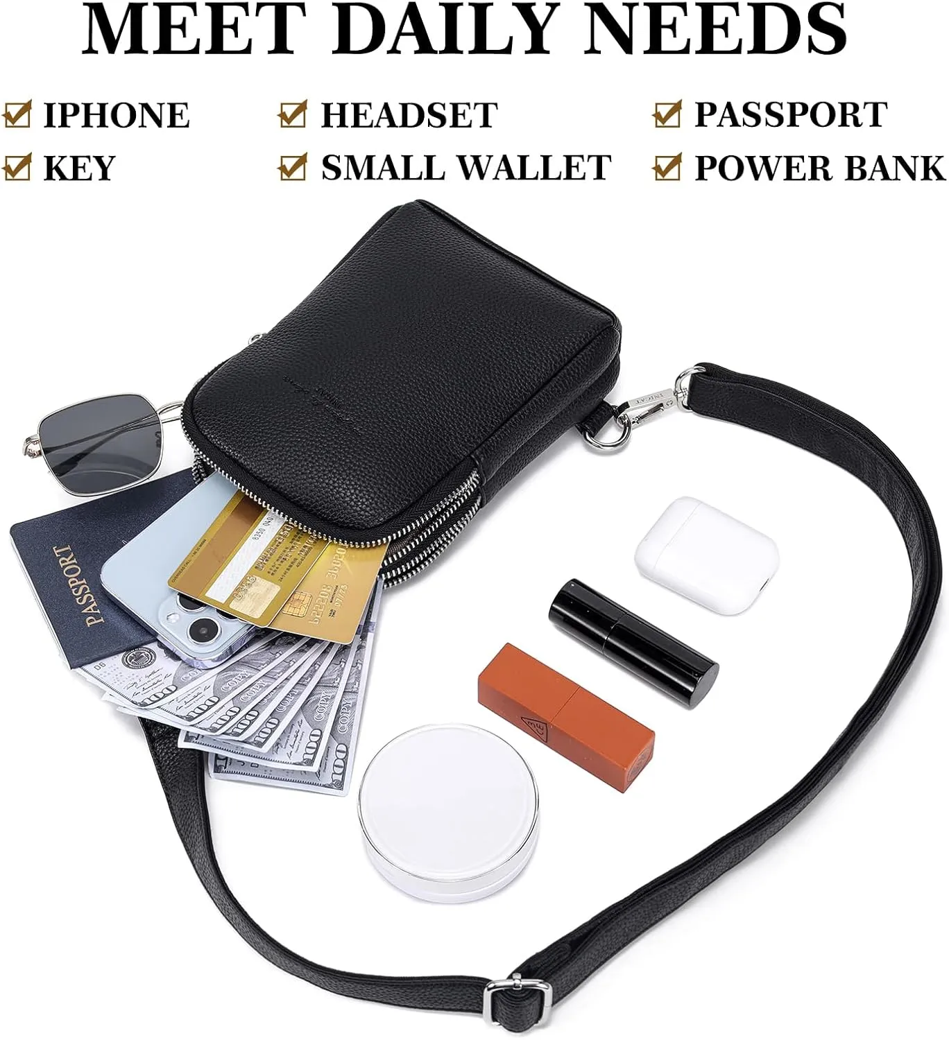 INICAT Sling Bag for Women Small Crossbody Bags Leather Fanny Pack for Travel Essentials(Black LW)