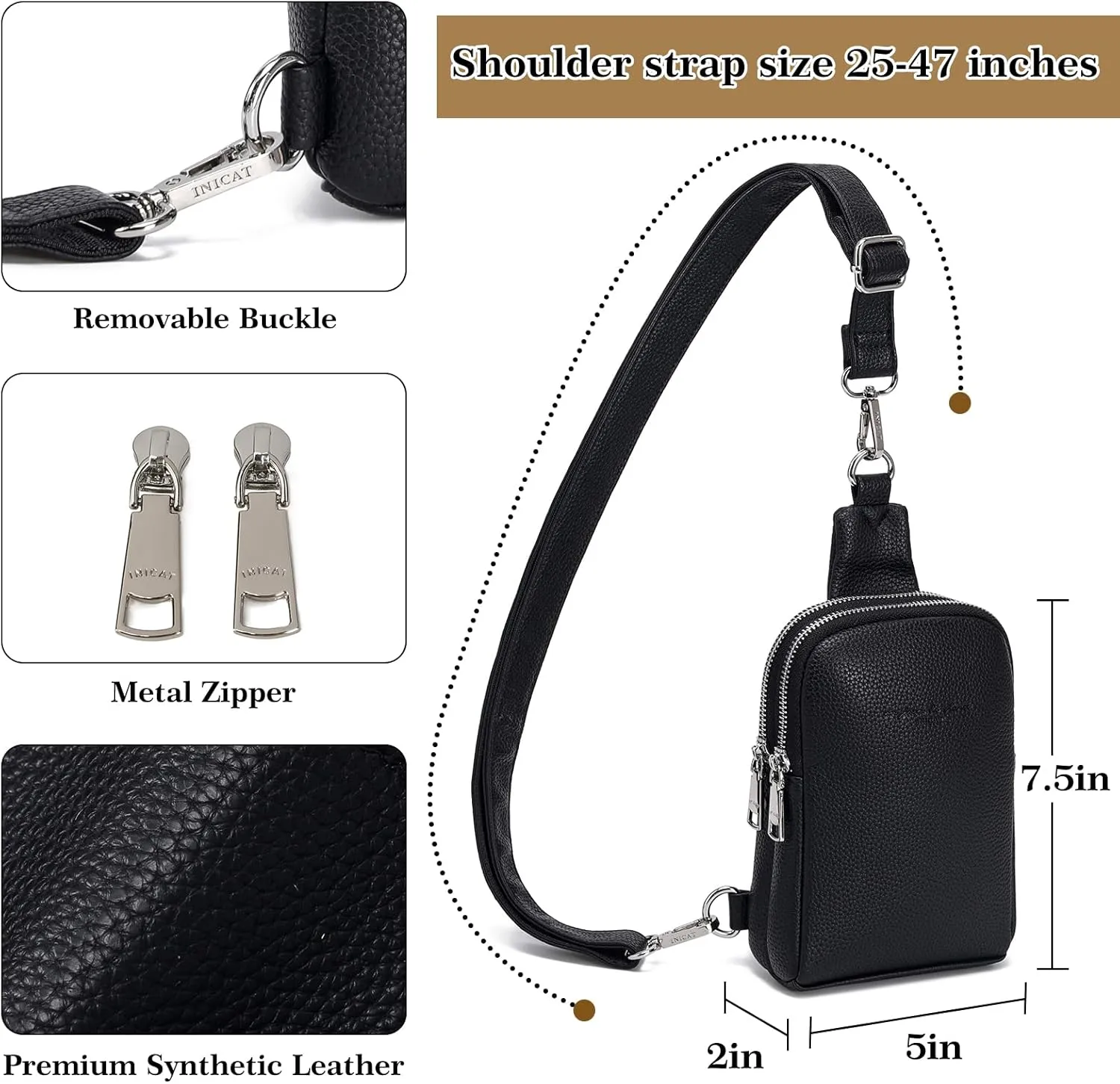 INICAT Sling Bag for Women Small Crossbody Bags Leather Fanny Pack for Travel Essentials(Black LW)
