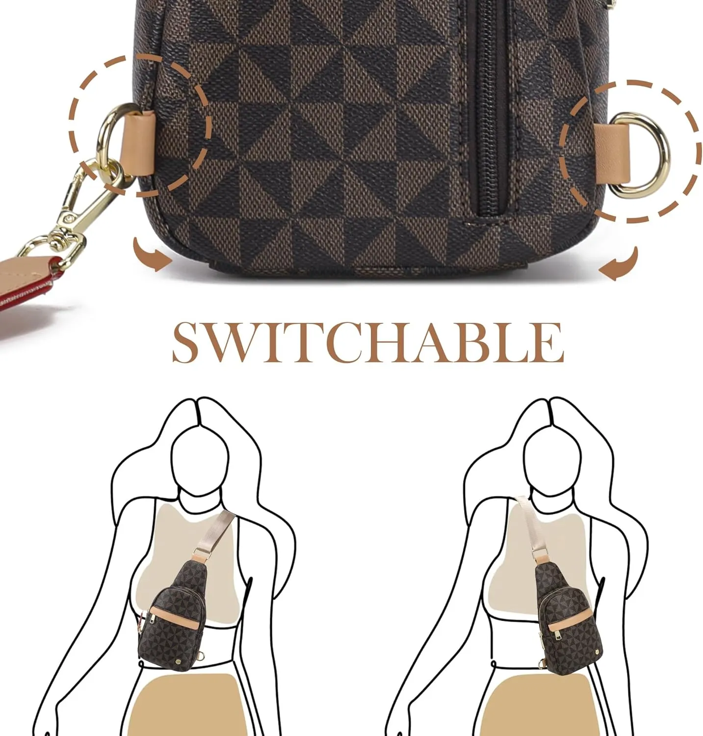 INICAT Sling Bag for Women Small Crossbody Bags Leather Fanny Pack for Travel Essentials(Brown Checked)